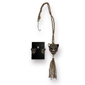 Thalia Soda Gold & Black Jaguar Rhinestone Necklace & Earrings Boho Chic Vintage